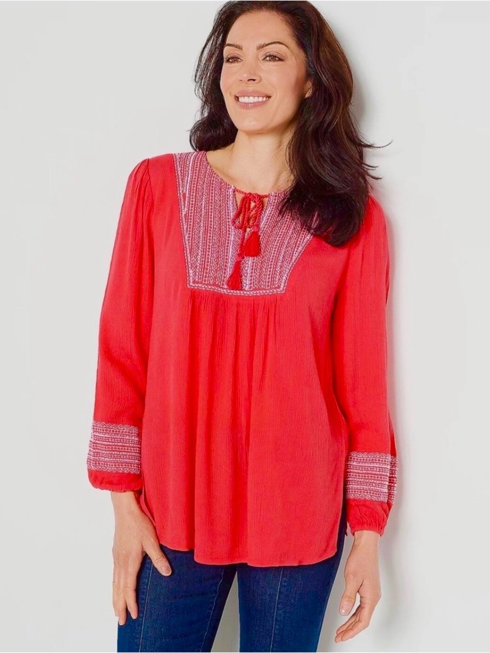 Susan Graver Coral Red Embroidered Peasant Tunic